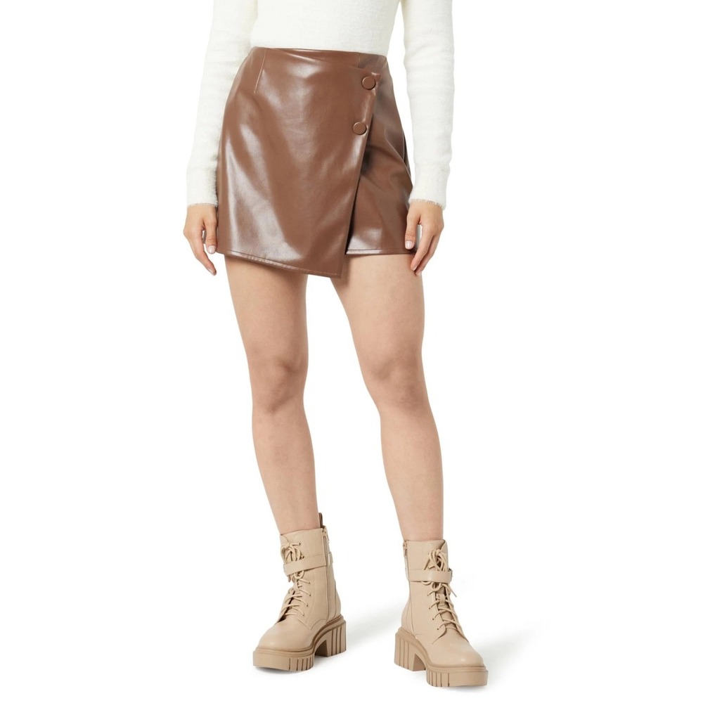 The Drop Women's Portia Vegan Leather Mini Wrap‎ Skirt in Coffee Beans SMALL NWT
